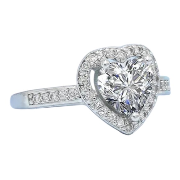 cubic Zirconia Jewelry - Silver Heart Cut Stone Ring with Pave